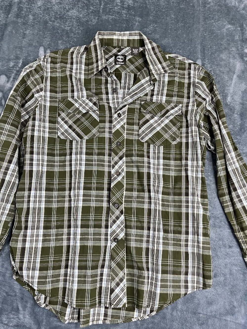 Timberland Mens Green White Plaid Long Sleeve Button-Up Shirt Large